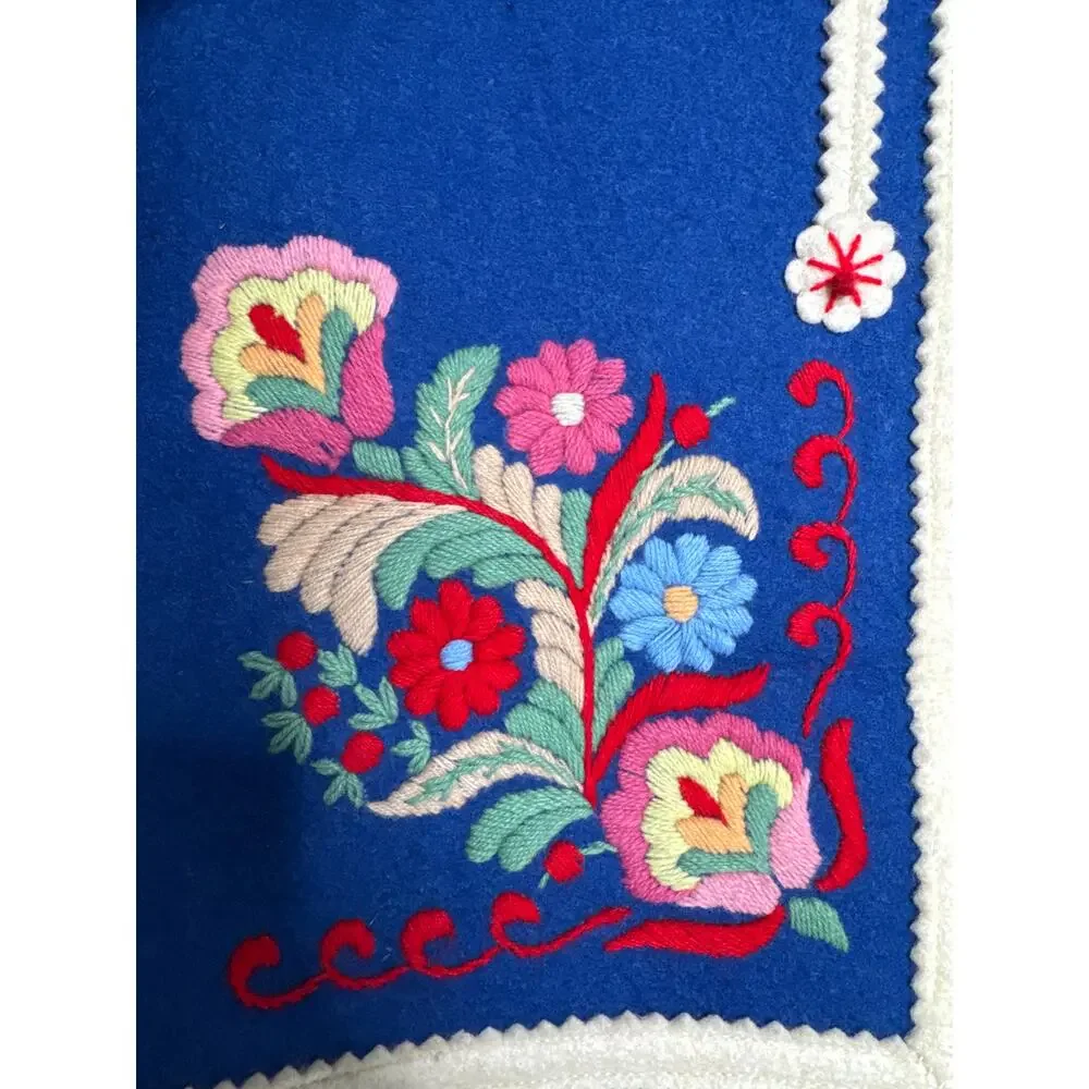 Vintage 70's Hungarian Folk Wool Vest Blue Embroidered Floral Trimmed medium